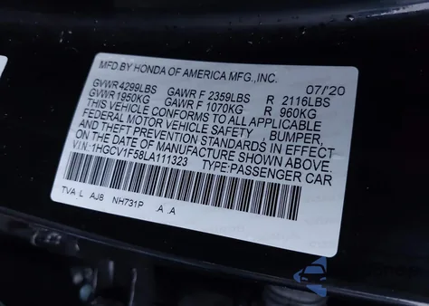 2020 Honda Accord Ex-L из США, поврежденный, VIN 1HGCV1F58LA111323